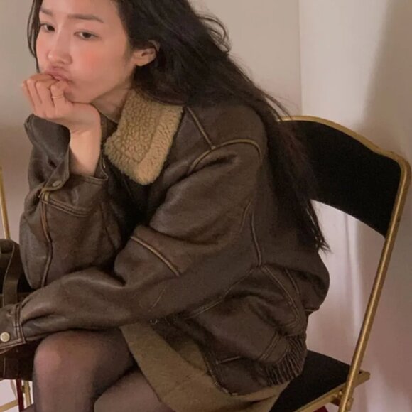 Maybebaby Faux Leather Oversized Shearling Bomber Jacket in Brown XS-M - Picture 2 of 12